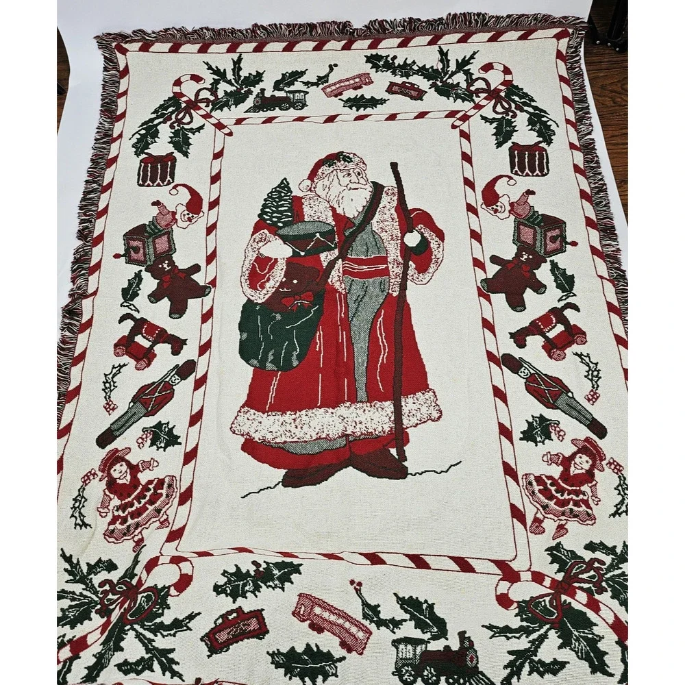 Vintage Christmas Holiday Thrown Blanket Woven Tapestry Santa Claus Reversible